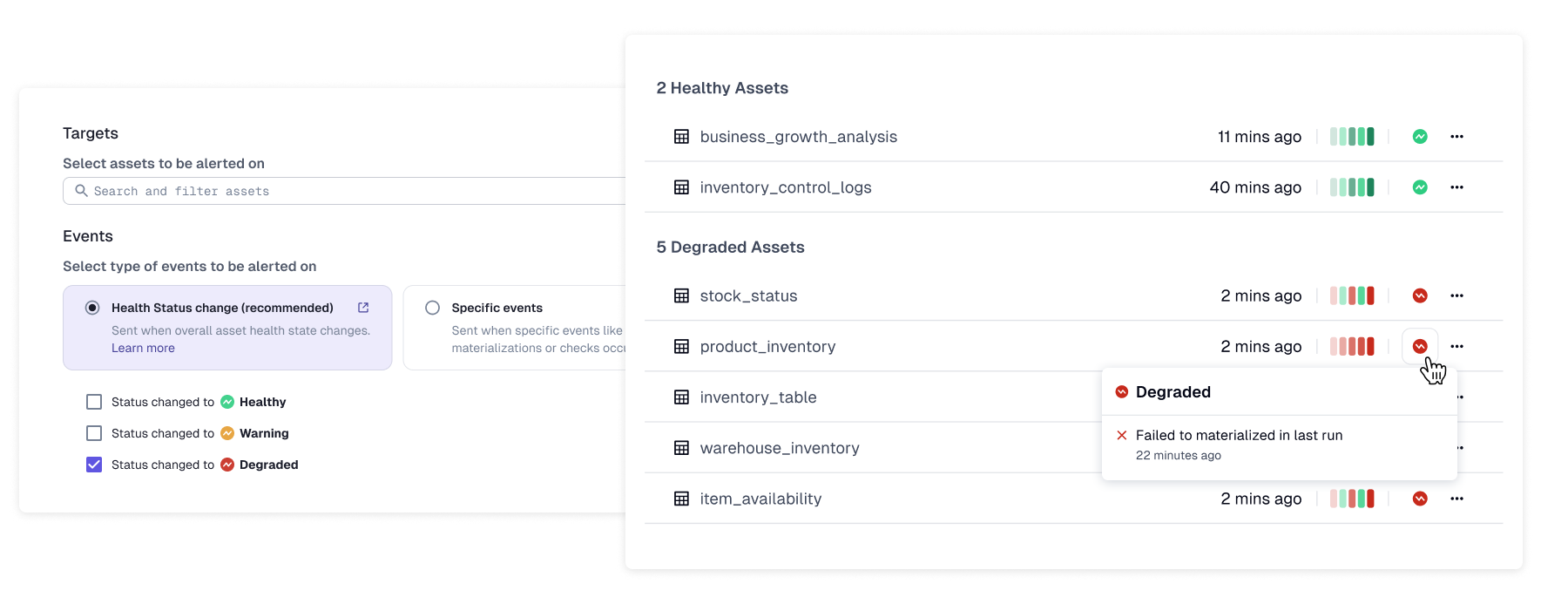 Asset health status interface showing health state changes as recommended alert trigger for state-based alerting