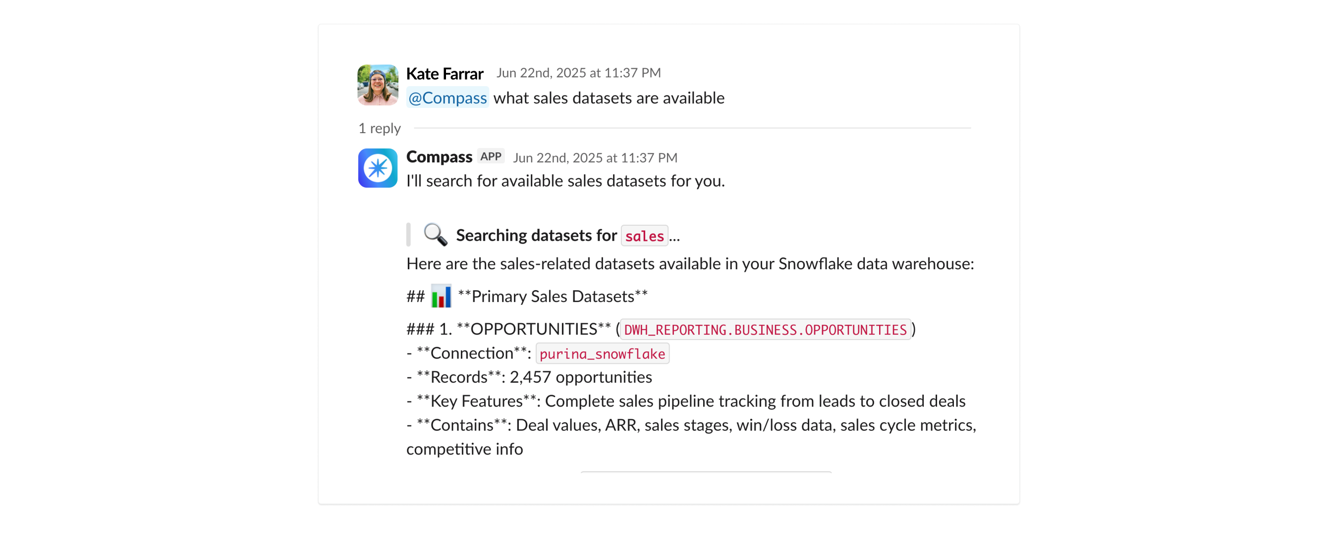 Compass Slack interface showing a user asking a business question and receiving an AI-generated answer with data visualization