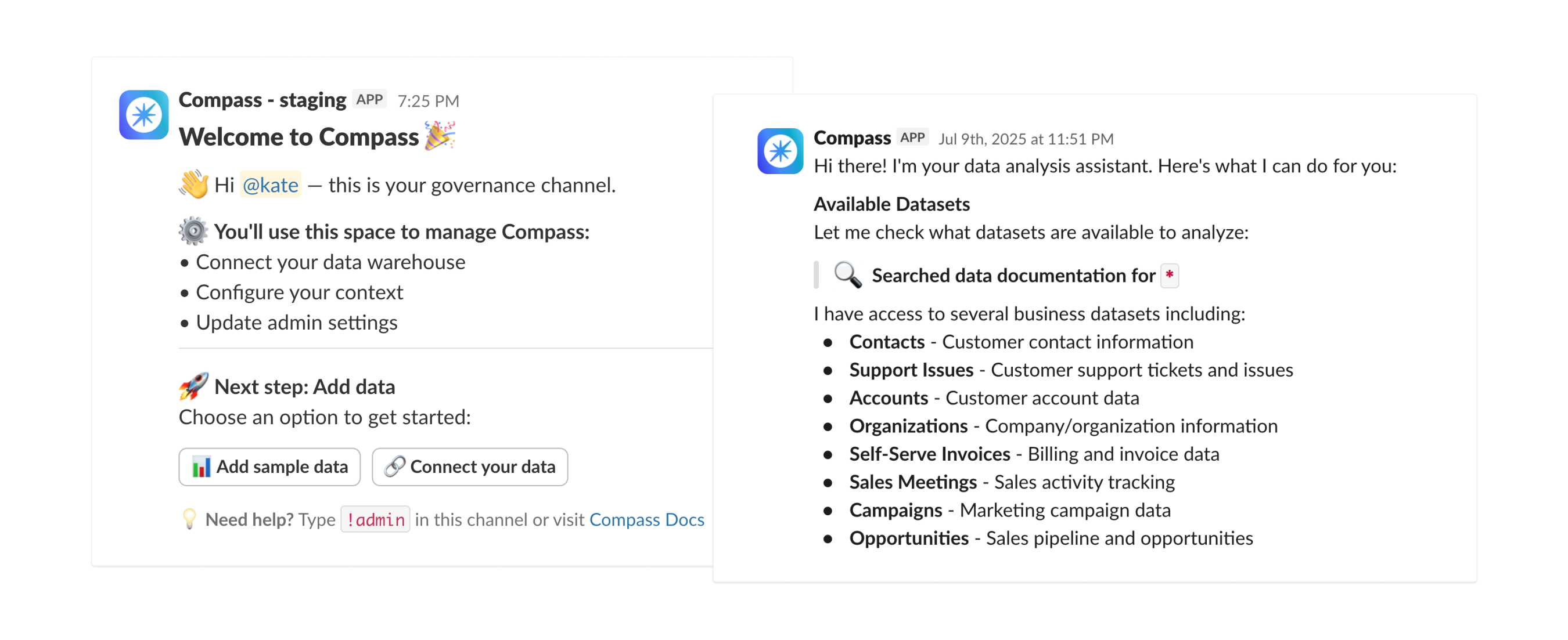 Compass data management interface showing configuration steps for connecting and managing data sources