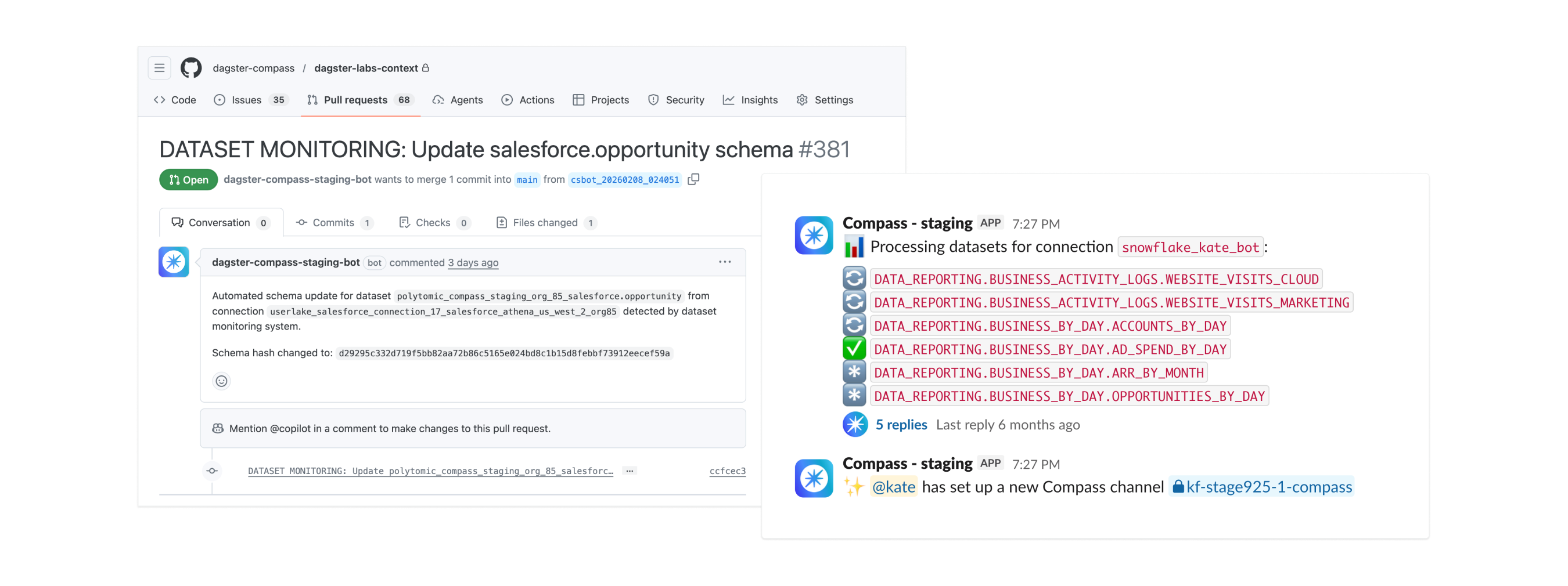 Compass two-channel Slack setup showing separate channels for conversations and admin management