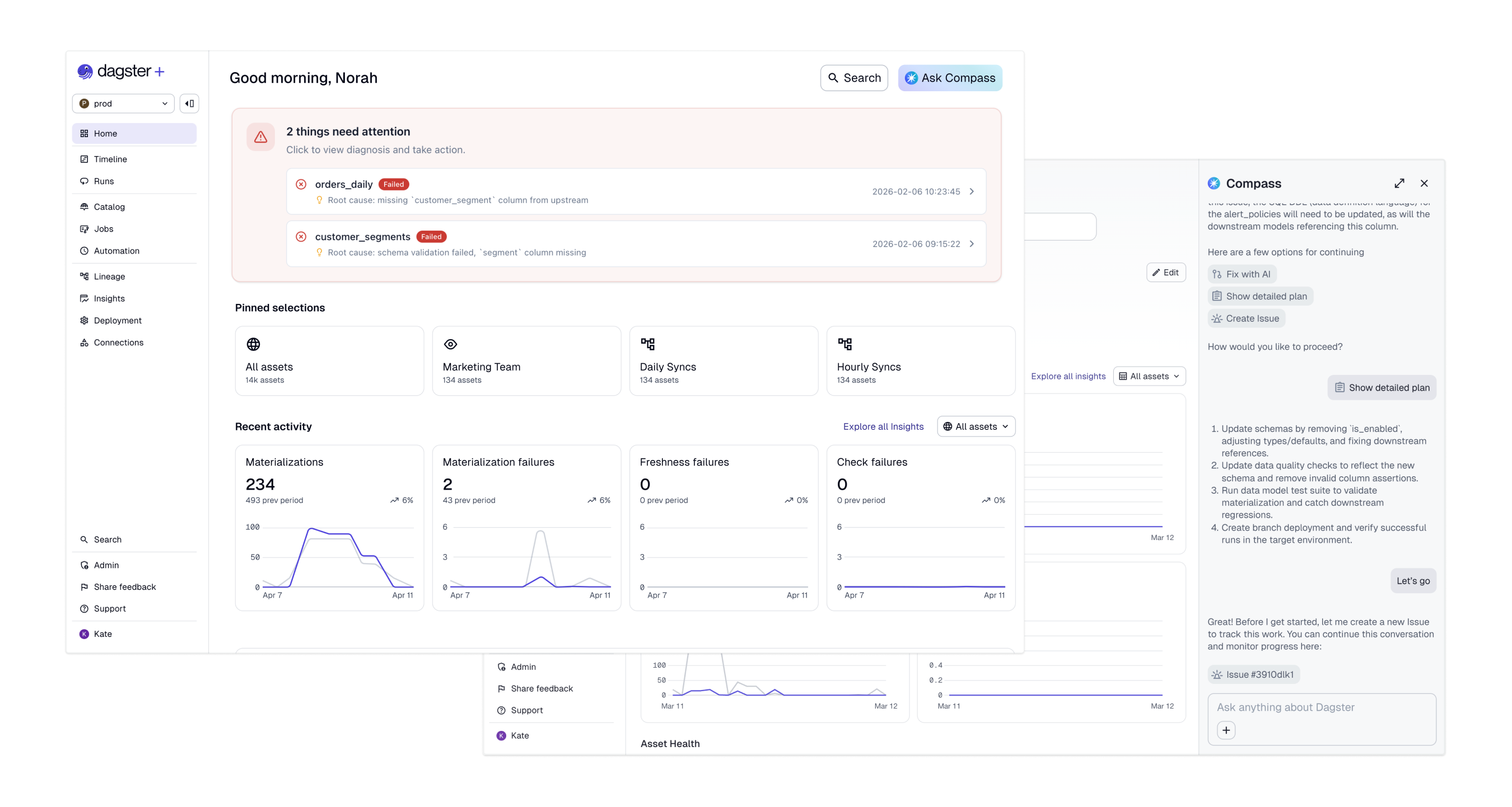 Compass integrated inside Dagster+ platform showing conversational intelligence layer