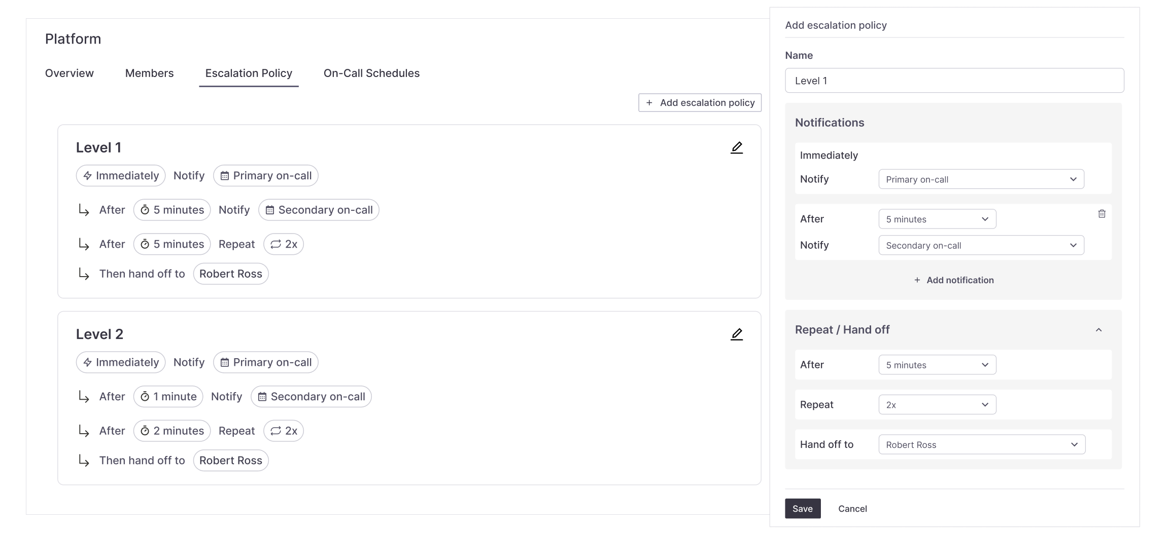 Alpha escalation policy form showing time-based steps and hand-offs that are difficult to reason about at a glance
