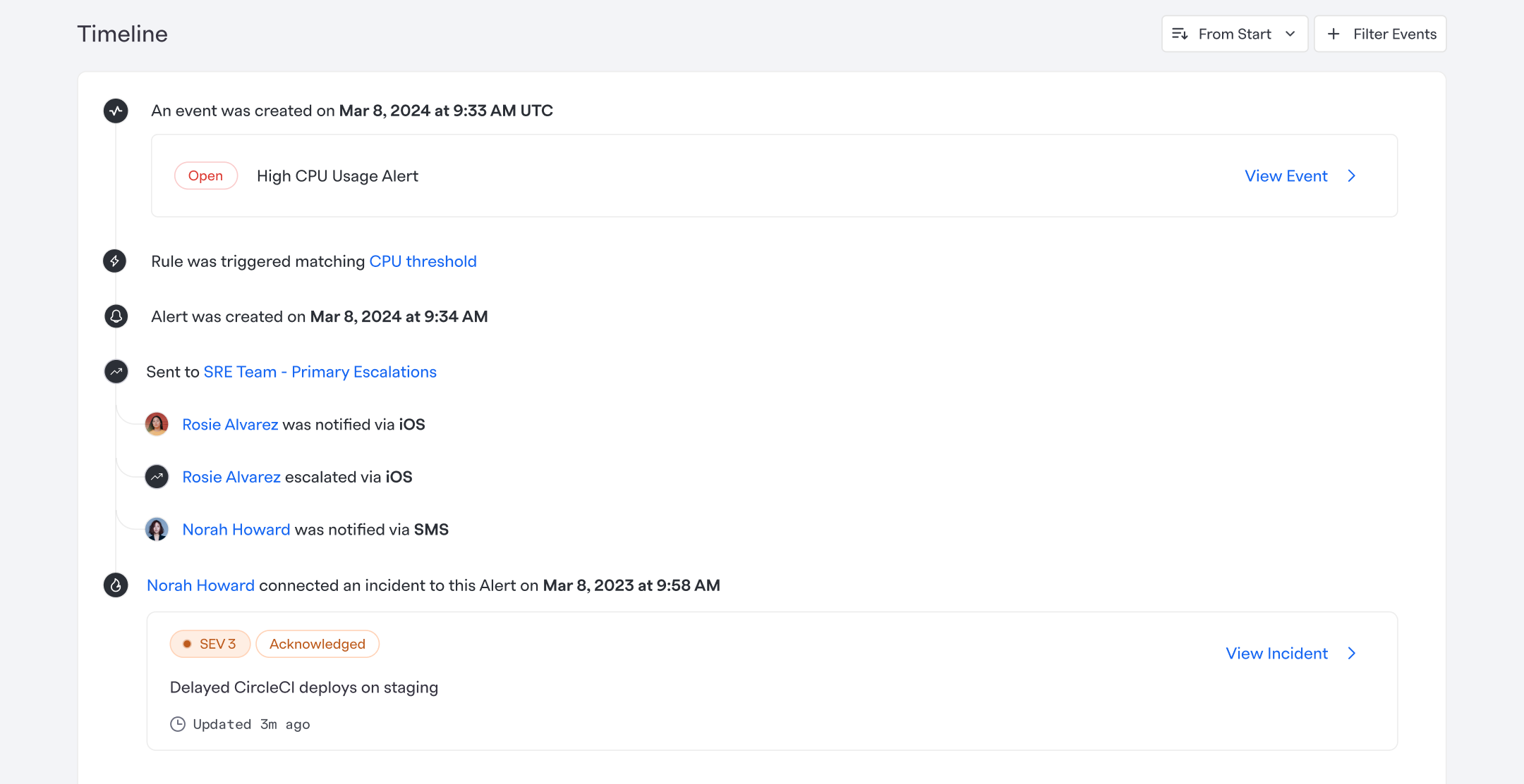 Full alert timeline showing complete lifecycle from signal trigger through escalation, notification, and incident connection